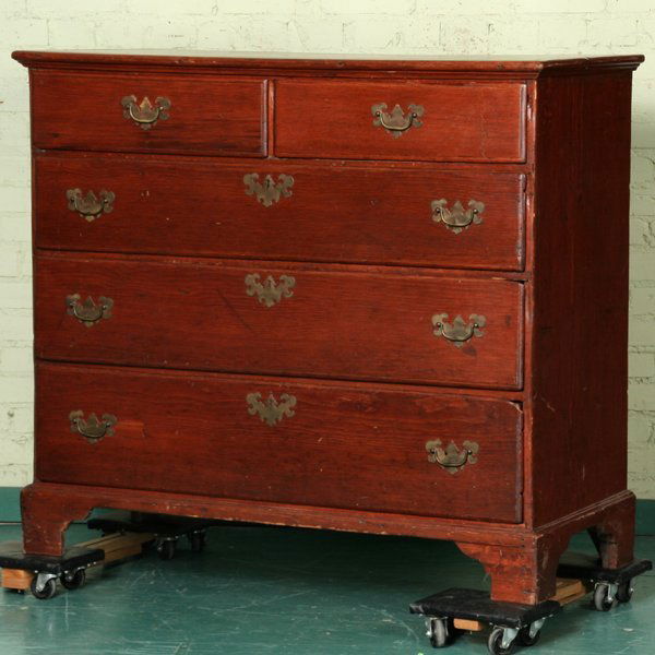 Early 1800 Chippendale two over three drawer chest: Early 1800 Chippendale two over three drawer chest, white pine, molded drawers, straight bracket feet, 45"w 40"t 20"d. Later/old finish, later brass pulls, missing bottom of back left foot.