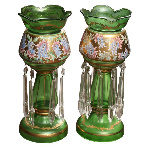 Pair of Victorian mantle lusters, green glass, beau: Pair of Victorian mantle lusters, green glass, beautiful floral enameling on wide gilt band, raised gilt decoration, 16"t 6 1/2" diameter. Good condition.