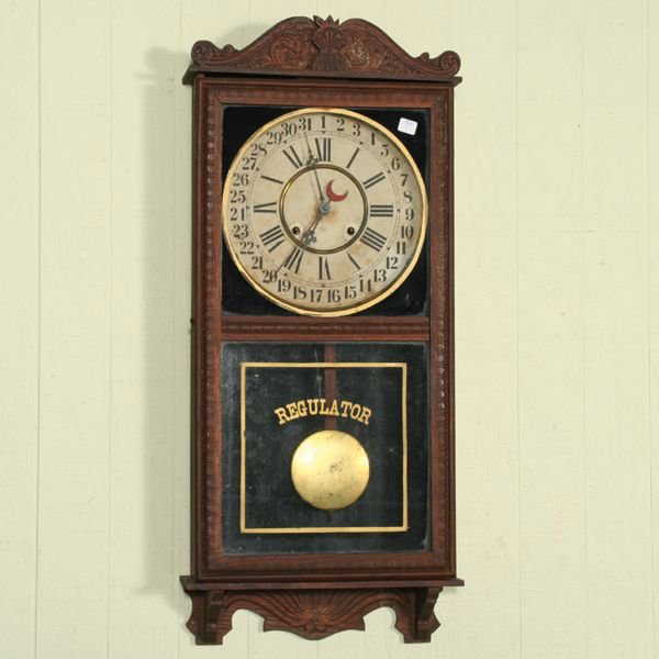 1018 Circa 1900 calendar wall regulator clock, Gilbert