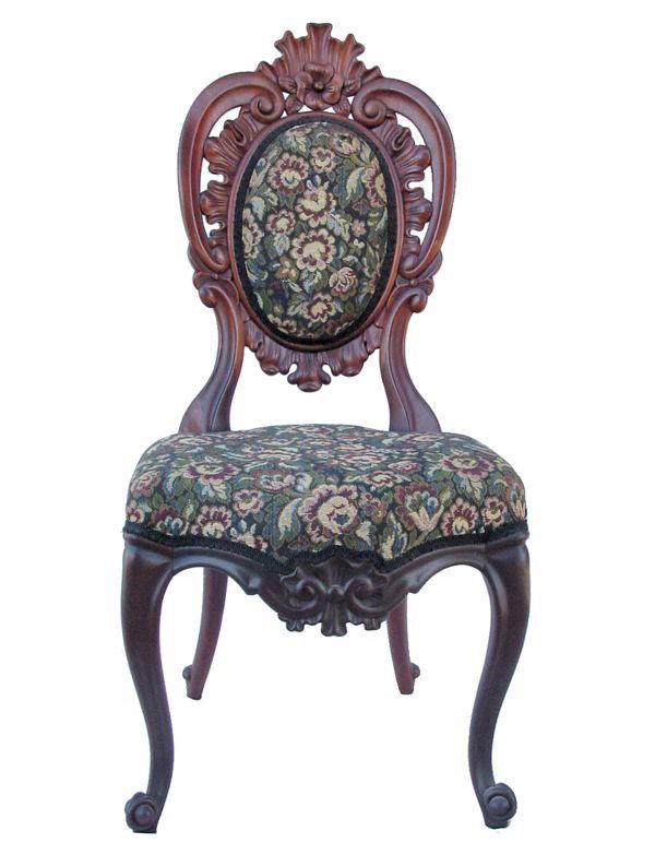 Set of six mid 1800 Rococo Victorian dining chairs,: Set of six mid 1800 Rococo Victorian dining chairs, mahogany, impressed on bottom brs Horrix. te, Gravenhage, shell and floral carved crest, reticulated C scrolls and shell around cameo upholstered ba