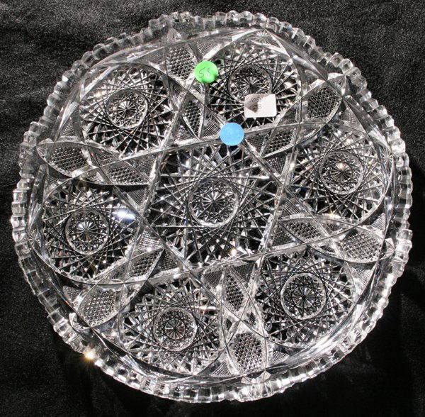 Large round American brilliant cut glass tray, 12": Large round American brilliant cut glass tray, 12" diameter, hobstar, hobnail and cane patterns, six hobstars alternating with hobnailed cut vessicas surrounding center hobstar, almost 1/2" thick. Two