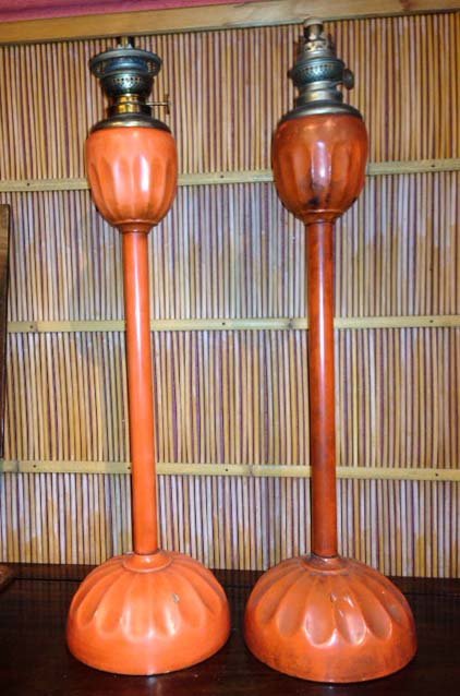 Japanese Antique Lacquer Wood Oil Lamp Pair: Japanese Antique Lacquer Wood Oil Lamp Pair. MaterialLacquer wood and brass metalAgeEarly 1900SizeDia. 7 x H 25 inches,,S&H CHARGE WITHIN MAINLAND US $59