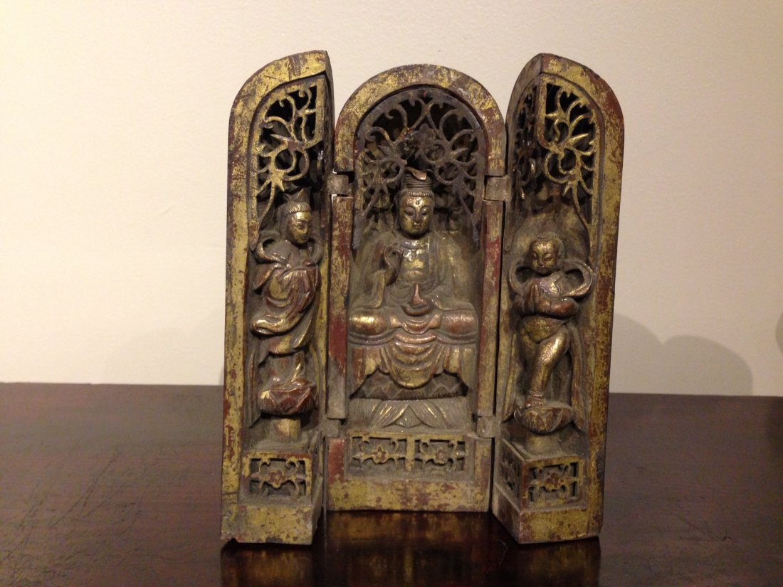 Japanese Buddha Trinity Portable Travel Gilt Shrine: Japanese Buddha Trinity Portable Travel Gilt Shrine 3 Folding Panels,, MaterialGilt wood,AgeEarly 1900,SizeH 8 3/4 inches