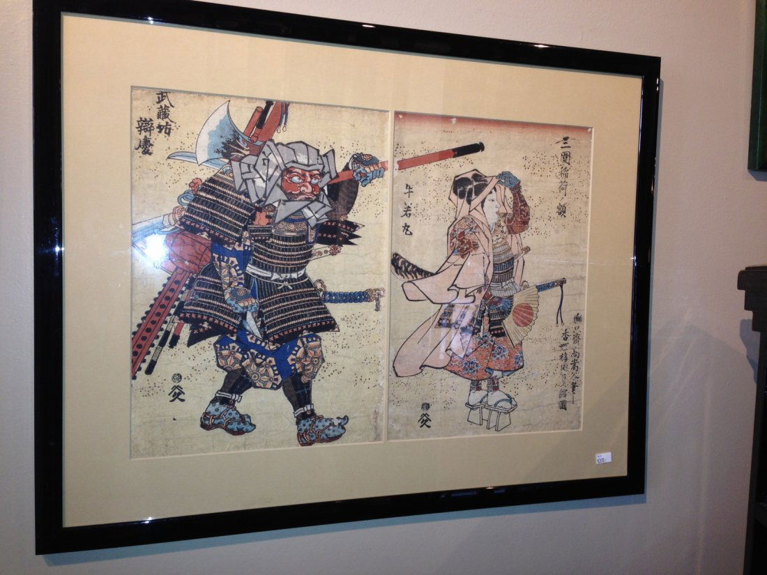 Framed Japanese Kunisada woodblock print: MaterialRice Paper,Age1700-1800,SizeFrame size: W 25 3/4 x H 20 inches,Artist : Kunisada (1786-1865) Publisher Yamamotoya Heikichi Mid-19th. century, Signed Kochoro Kunisada Ga Sugject: the warrior mo