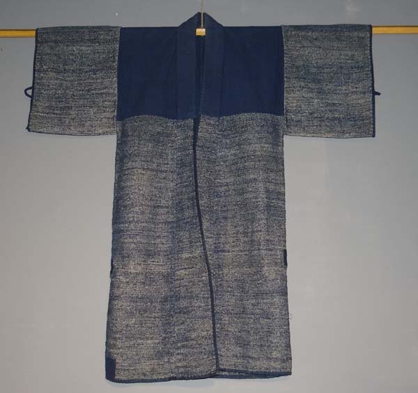 Splendid Japanese Hand Woven Indigo Noragi Long Jacket: Material: Cotton. Age: Early 1900. Size: W 46 x H 50 inches