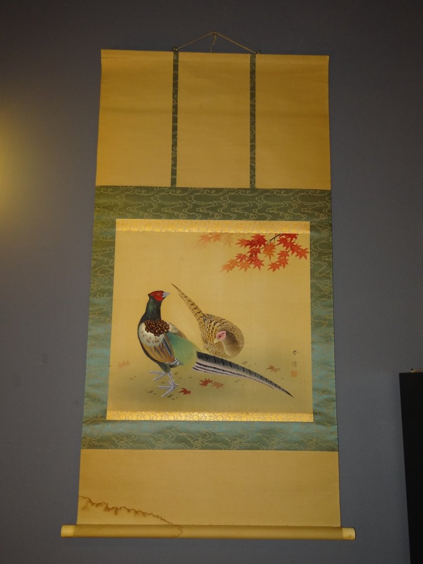 Japanese Hanging Scroll Painting by Yukimatsu Shunpo: Material Silk and Rice Paper , Water Paint Age Early 1900 Size W 24 x L 48 inches