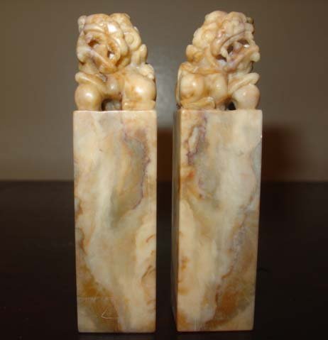 A Pair Chinese Shoushan Stone Carved Foo Dog Seal Stamp: A Pair Chinese Shoushan Stone Carved Foo Dog Seal Stamp, Size: H 3 1/8 inches. They come with original case. Age: 1960's