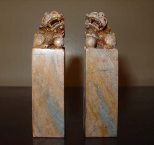 A Pair Chinese Shoushan Stone Carved Foo Dog Seal Stamp: A Pair Chinese Shoushan Stone Carved Foo Dog Seal Stamp, Size: H 3 inches.