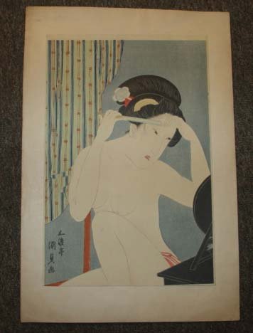 Antique Japanese woodblock print nude beauty .: Very rare Japanese woodblock print a nude beauty. Size: 9 1/2 x 14 1/2 inches.