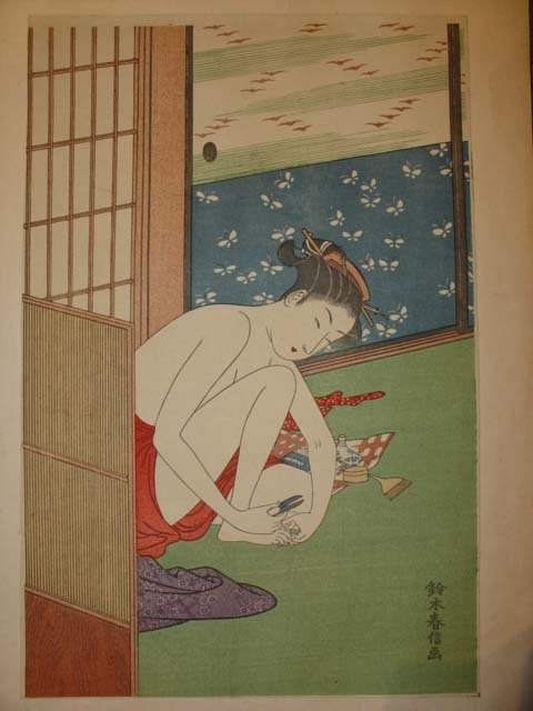 Antique Japanese woodblock print nude beauty .: Japanese woodblock print by SUZUKI HARUNOBU. Size: 9 1/2 x 14 1/2 inches.