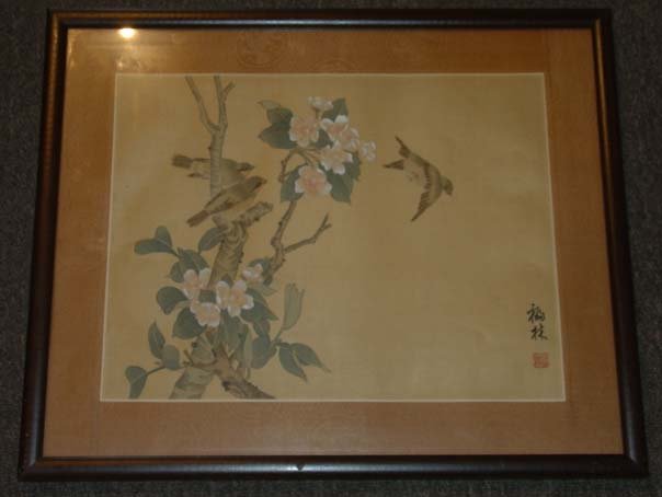 Framed Chinese Color Water Painting on Silk: Framed Chinese Color Water Painting on Silk , artist Lin Fu. Frame size: 20 1/2 x 17 inches