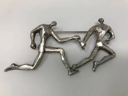 Canadian Esther Wertheimer 925 Silver Sculpture Brooch: 925 sterling silver sculpture brooch by Esther Wertheimer. The artist is Canadian listed born 1926-2016. Measures 3 inches long x 1 1/2 inches tall.