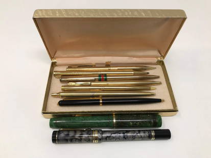 Sheaffer Parker Gucci Elysee Ball Point Pen Fountain: Lot consisting of 1 Culmer Fountain Pen. Gucci ballpoint, 2 parker electroplated, 1 Elysee black lacquer and 3 Sheaffer ball point pen, 1 green marbled fountain pen. damaged no nid.