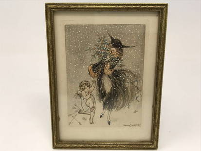 Louis Icart Hand Colored Etching Lady with Cherub: Little hand colored etching lady with cherub by Louis Icart, 1888-1950. It is signed on the plate. Measures 4 3/4 inches x 3 1/2 inches and 6 1/2 inches x 4 3/4 inches framed.