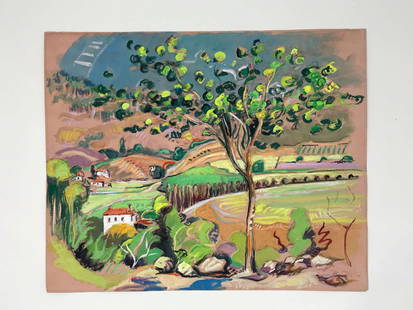 Francisque Laurent 1890-1958 Paysage de Provence: Gouache watercolor showing a paysage de provence by French painter Francisque Laurent. Measures 12 inches x 14 3/4 inches not framed.