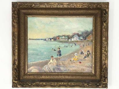 Canadian Oil Painting Olive Mann Beach Scene: Canadian oil painting on cardboard showing children on a beach. It is signed on the lower right Olive Mann. Measures 9 inches x 10 1/2 inches and 13 inches x 14 1/4 inches framed.