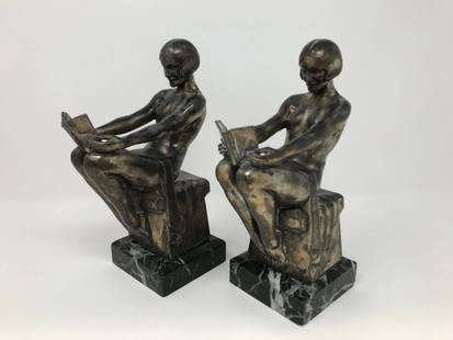 Art Deco Bookends by Max Le Verrier: Set of 2 art deco bookends by Max Le Verrier 1891-1973. Made in France circa 1920, signed at the base and on the back. The bookends are made of Spelter (Regule in French). Measures 8 1/4 inches x 5 in