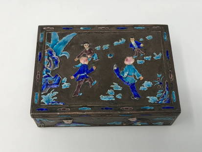 Chinese Metal Enameled Box Boys Playing: Chinese metal and enamel box decorated with boys playing. Measures 1 1/4 inches x 4 3/4 inches long x 3 1/2 inches deep.