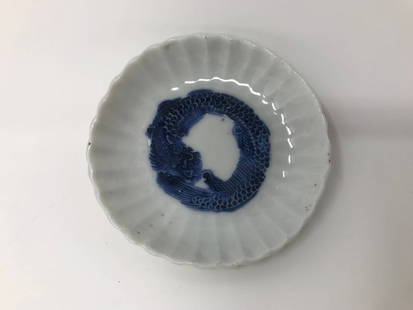 Chinese Antique Porcelain Plate Blue Dragon: Chinese antique porcelain plate with blue dragon decoration. The plate measures 3 7/8 inches in diameter.