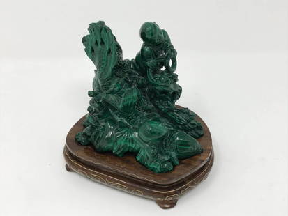 Chinese Antique Malachite Carving Boys and Dragon: Chinese antique malachite carving of boys. Playing with fish and dragons, very fine carving. Measures 3 1/2 inches without stand x 3 1/4 inches x 4 inches.