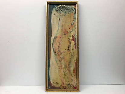 Gladis Axler 1928-2011 Nude de Dos: Gladis Axler painting on masonite showing a female nude. It is signed and dated on the lower left 63. Measures 30 inches x 10 inches.