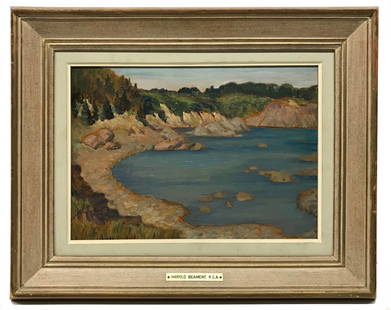 Thomas Harold Beament 1898-1984 Painting: Oil painting on board by Canadian painter Thomas Harold Beament, a listed artist born 1898-1984. The work shows a lakeview. It is signed on the lower left and titled on the back "Near Ingonish". The