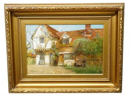 Sir David Murray R.A. Painting 1849-1933: Sir David Murray R.A. oil on canvas painting depicting a man in front of a cottage. The work is signed on the lower left and measures 12 inches x 18 1/4 inches and 20 inches x 26 inches framed. The