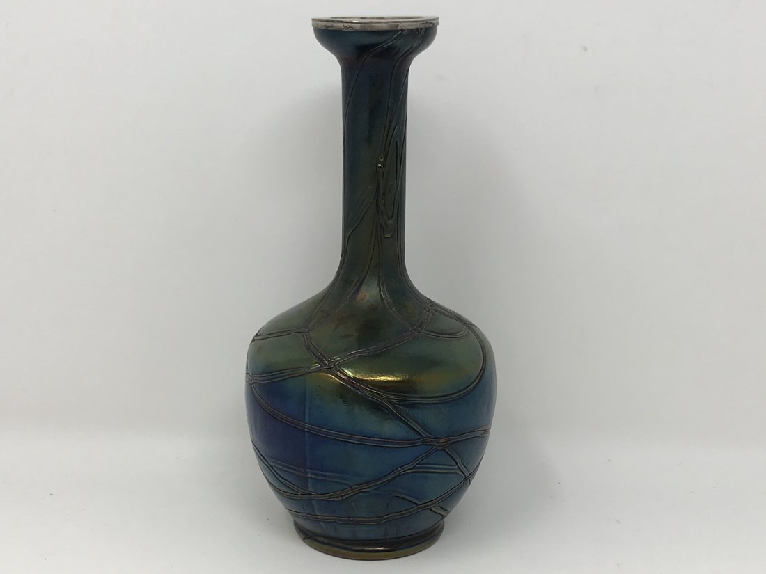 Pallme-Konig Iridescent Vase with Silver Rim: Antique Pallme-Konig iridescent vase with 925 silver rim, stamped. The vase measures 8 inches tall x 3 3 /4 inches in diameter.