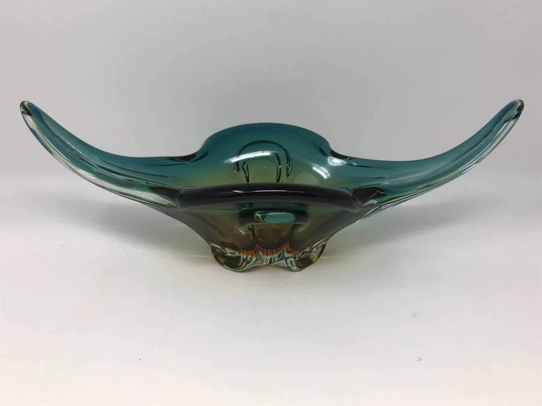 Vintage 70s Murano Art Glass Centerpiece: Vintage 70s Murano art glass light green blue centerpiece. Measures 4 3/4 inches tall x 14 inches long x 6 1/4 inches wide.
