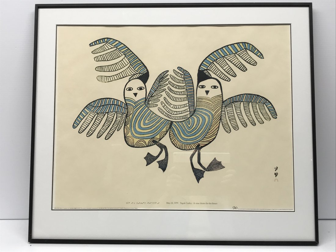 Stonecut by Lucy Two Bird of Baffin: Stonecut print by Lucy, commisioned by the Mintmark Press printed by Herzig Somerville limited Toronto, n.90 of 200. Titled Two Bird of Baffin, measures 19 1/4 inches x 25 inches and 25 inches x 29 1/