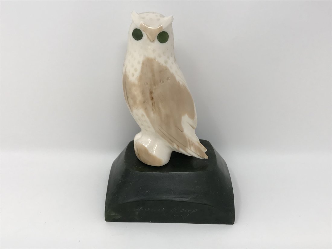 David Wong Jade & Bone Owl Carving: David Wong Jade & Bone owl carving signed and dated at the base. The item measures 5 1/2 inches tall including the base. Paid $2500 in 1983.