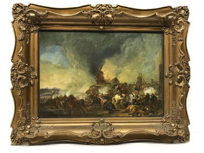 Dutch Cavalry Battle Scene Manner of P. Wouwerman: Oil painting on canvas in the manner of Philips Wouwerman showing a Dutch cavalry battle scene. It is not signed. Measures 14 inches x 20 inches ad 21 1/2 inches x 28 inches framed. In good condition.