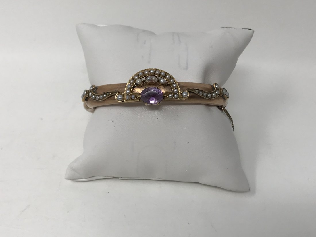 9k Victorian Bangle Bracelet Pearl & Amethyst (1 of 3)