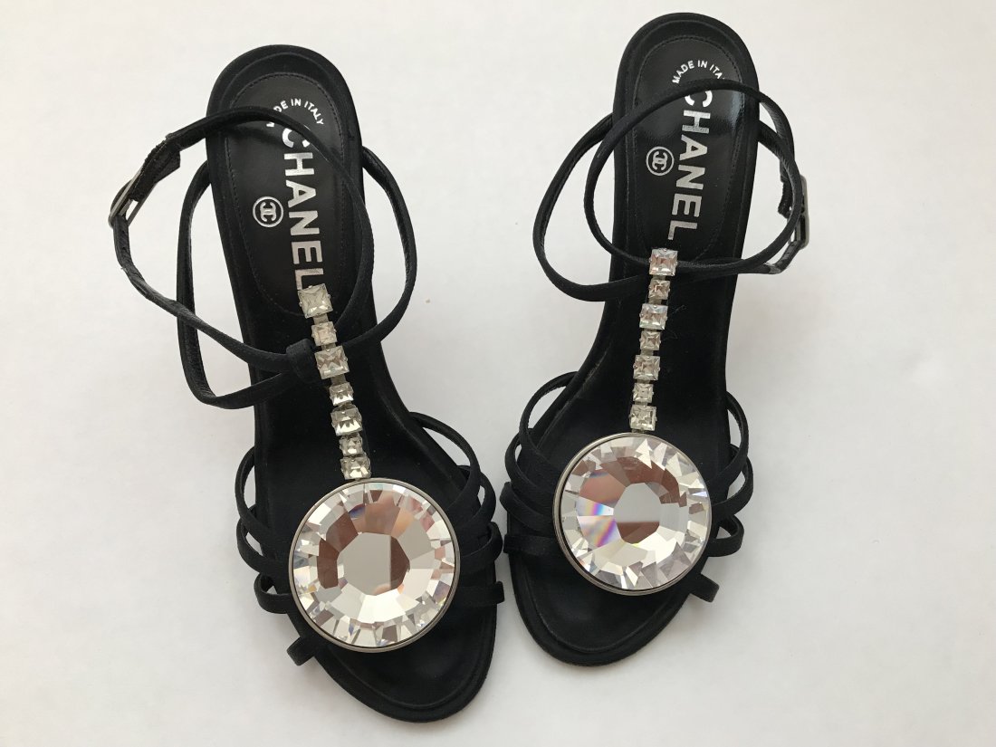 Chanel Black Satin Diamante Strappy Sandals Size 38 (1 of 3)
