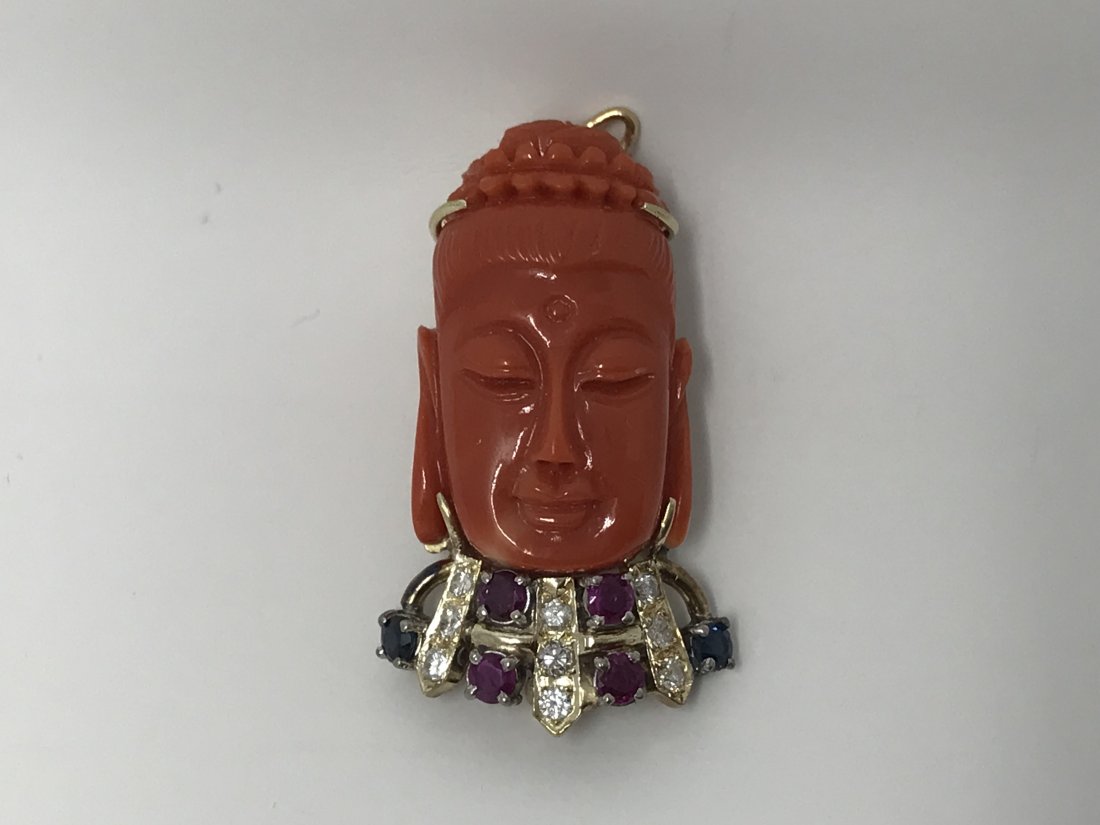 Antique 14k Diamond & Coral Guanyin Carving (1 of 4)