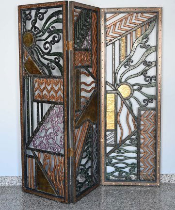 Rene Paul Chambellan Style Art Deco Screen Mixed Metal: Art deco room divider attributed to Rene Paul Chambellan circa 1893-1955, circa 1930. It has a three part of folding screen made of mixed material bronze. Gesso painted, bronze shows punch artworks. M