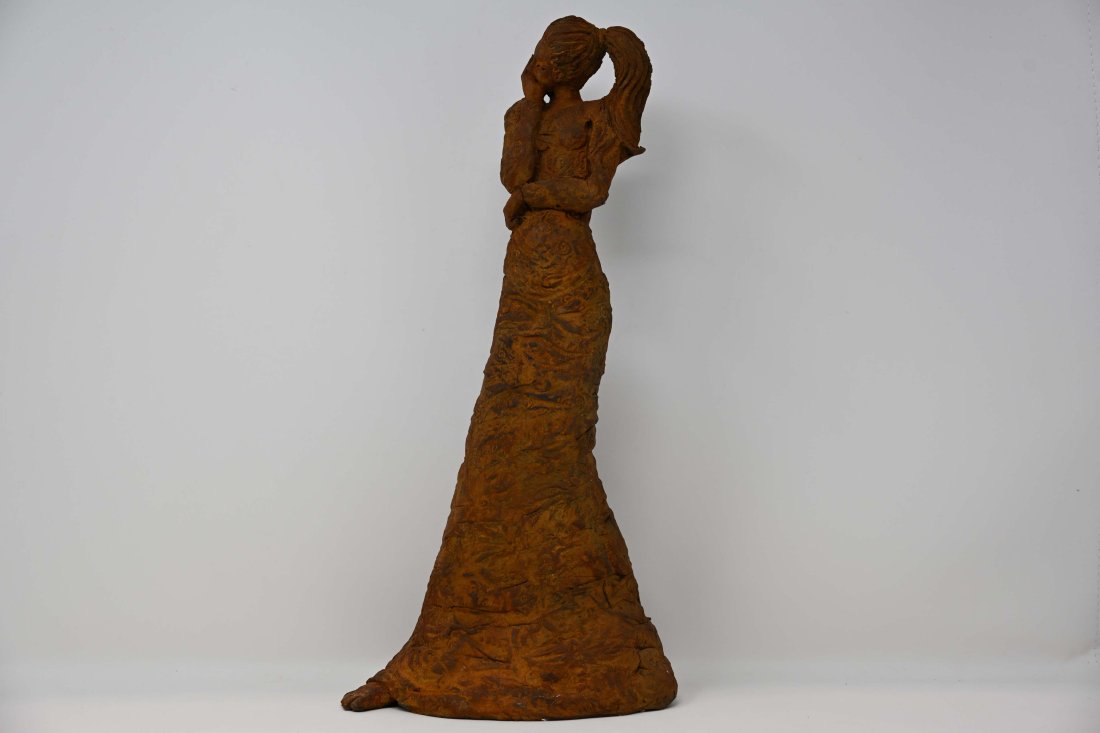 Hungarian Terracotta Sculpture Unidentified Artist: Hungarian terracotta work sculpture of lady in reflection unidentified artist. Measures 16 inches tall, comes from the same collection of Margit Kovacs, bears the date and signature. In good condition