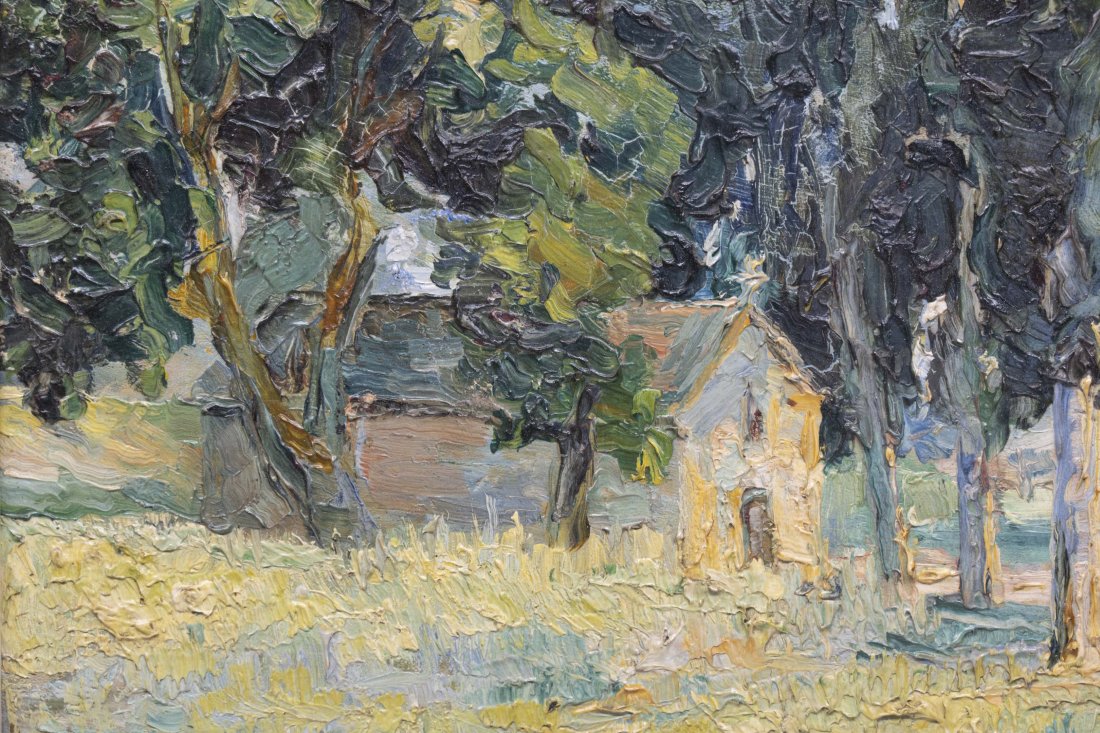 Impressionist Painting Greak Painter Signed: Impressionist oil painting on board showing a landscape with a house. Signed on the lower right but painter unidentified, measures 6 inches x 8 inches and 11 1/2 inches x 13 3/4 inches framed.