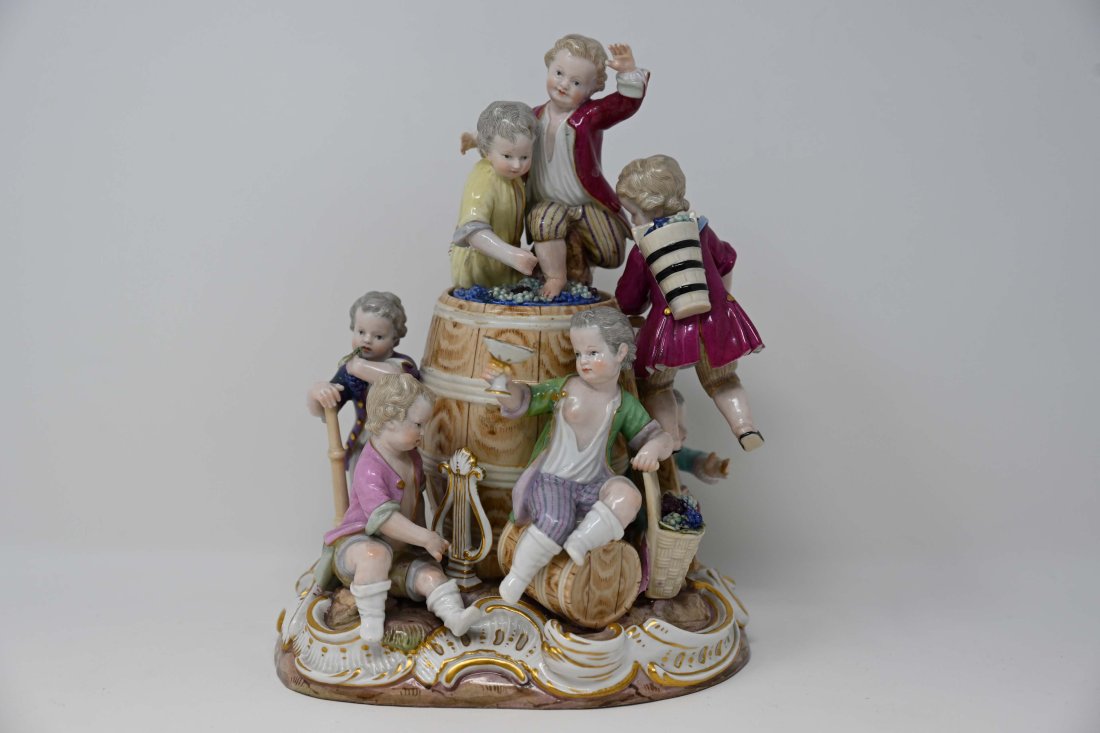 Meissen Gardener Children Wine Grower Model by Kaendler: Meissen group Gardner children wine grower model by Kaendler. Measures 9 inches x 7 inches x 5 3/4 inches, crossed sword at the base. The figurine comes in good condition, apart from stress cracks on 