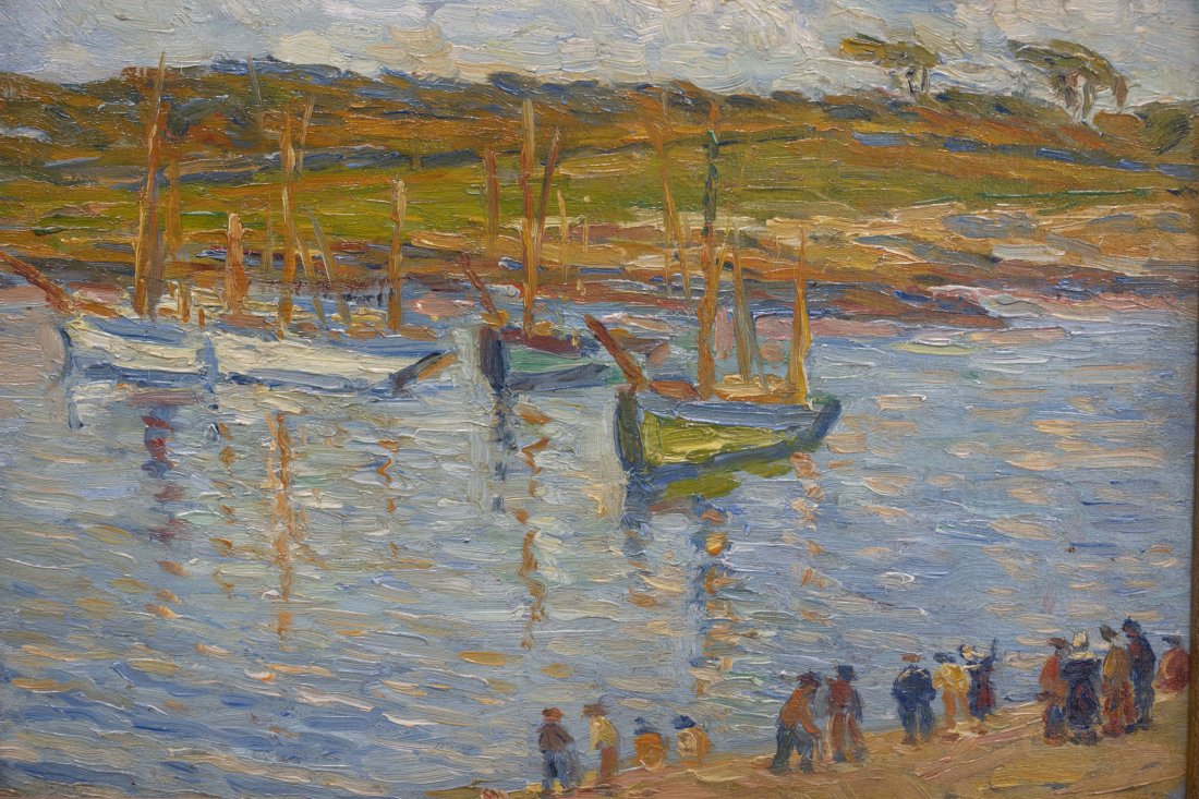 Achille-Emile Othon Friesz 1879-1949 Bateau Amarre Painting: Oil painting on wood panel showing peoples and boats resting. Early 1900 work by the technic signed lower right with the signature monogram. The work is accompanied by a black and white photo of the w