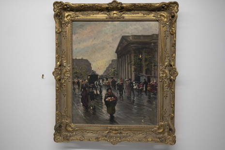 Francois Gerome 1895- Paris Flower Market Painting: Oil painting on board by French Francois Gerome, signed lower right showing a Paris street scene with flowers marked. Painting measures 25 inches x 20 inches and 30 1/2 inches x 26 1/2 inches framed.