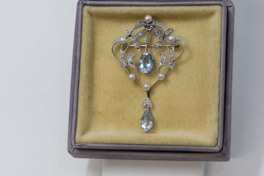 Victorian 14k White Pendant Pearls Diamonds & Aqua Stone (1 of 6)