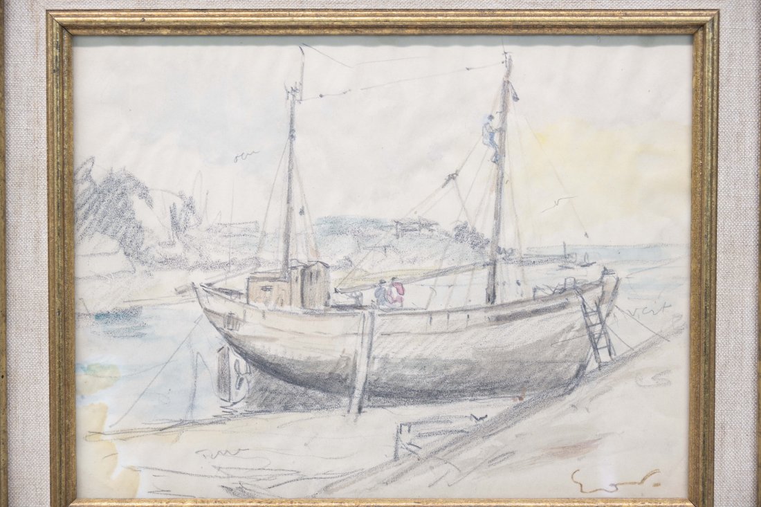 Friesz Achille Emile Othon 1879-1949 Boat Amarrer: Graphite and color on paper showing a boat amarrer and people working, signed on the lower right by Friesz with a monogram. Work measures 8 inches x 10 1/2 inches and 11 1/2 inches x 14 inches framed.