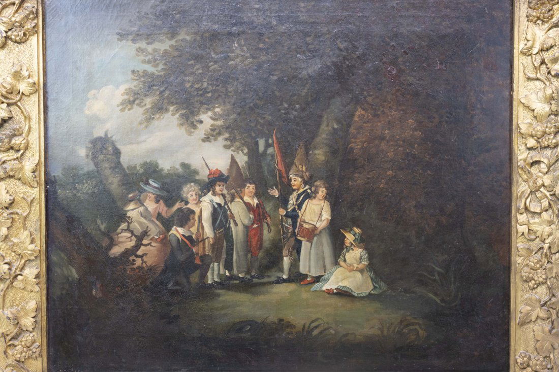 Attr. John Singleton Children Playing War: Oil painting on canvas in the original stretcher and frame depicting a group of children playing. Signed on the left side J. Singleton. Painting will be sold attributed to John Singleton Copley 1738-1