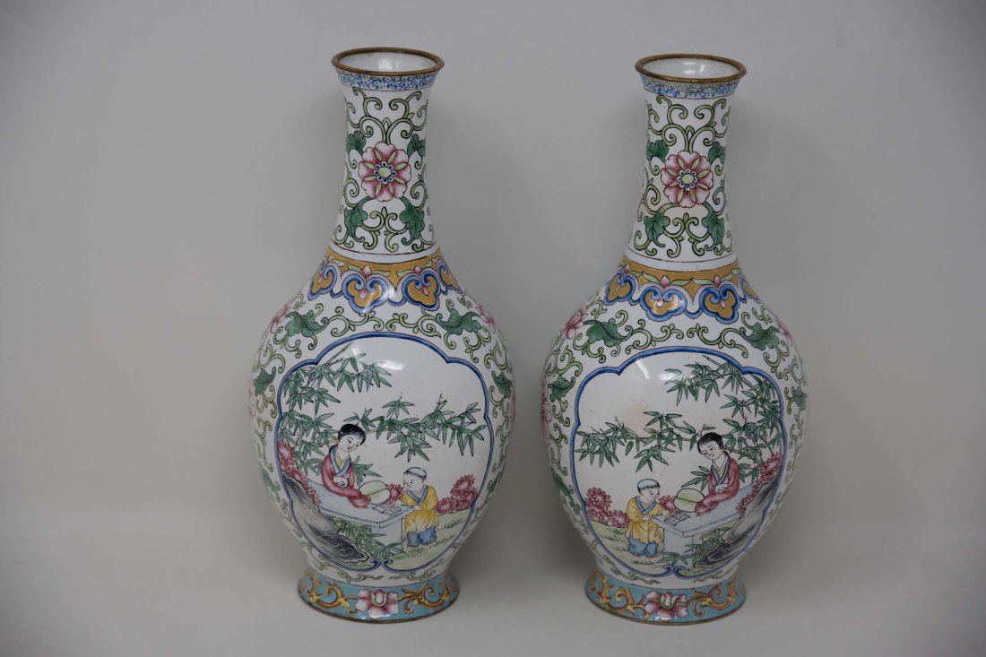 Chinese Antique Pair of Cloisonne Vases Maiden with Children (1 of 9)