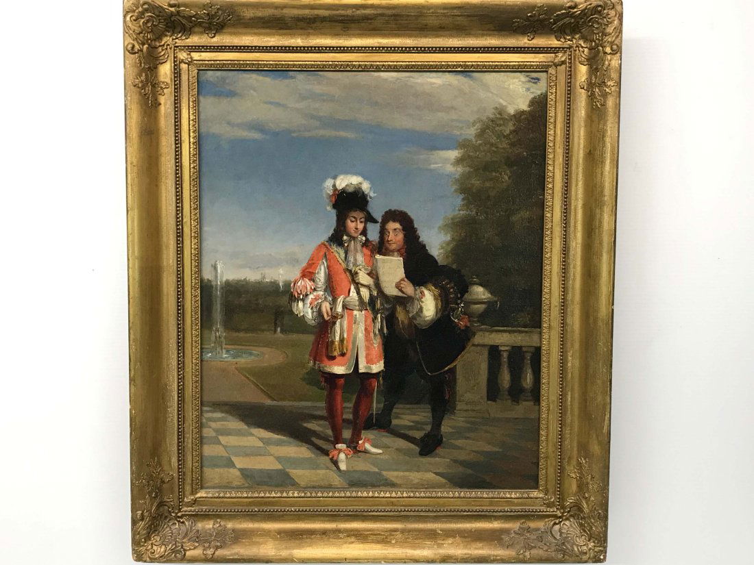Gilbert Stuart Newton The Important Manuscript Painting: Original oil painting on canvas in the original wood stretcher and frame. The work shows the Importunate Author illustrating "Femmes Savante of Moliere Act 3, Scene 2". The painting was done in circa