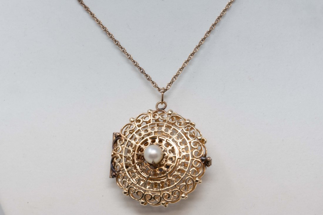 Antique 14k Gold Pearl & Garnet Picture Pierced Locket & Chain (1 of 6)