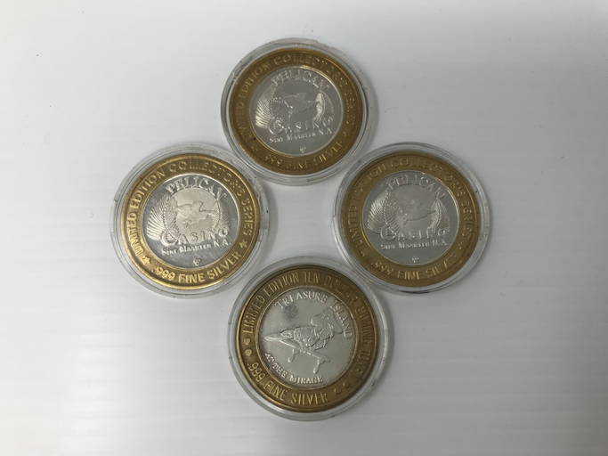 Treasure Island & 3 Pelican Casino Gaming Tokens .999 Silver