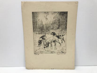 Percival Leonard Russeau 1859-1957 Cooling Off: Etching featuring three hunting dogs "Cooling Off". Signed on the lower right by P.L. Rosseau, the etching measures 10 inches x 8 inches.