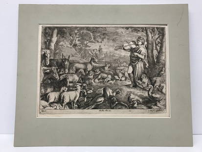 Leandro Bassano Etching printed by Jan Van Ossenbeeck: Etching of Leandro Bassano showing Orpheus charming the animals, measures 8 1/4 inches x 12 inches.